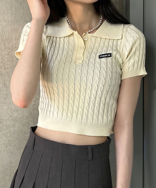 GLAMOROUS JANE tシャツ ケーブルニットポロ衿クロップド丈半袖