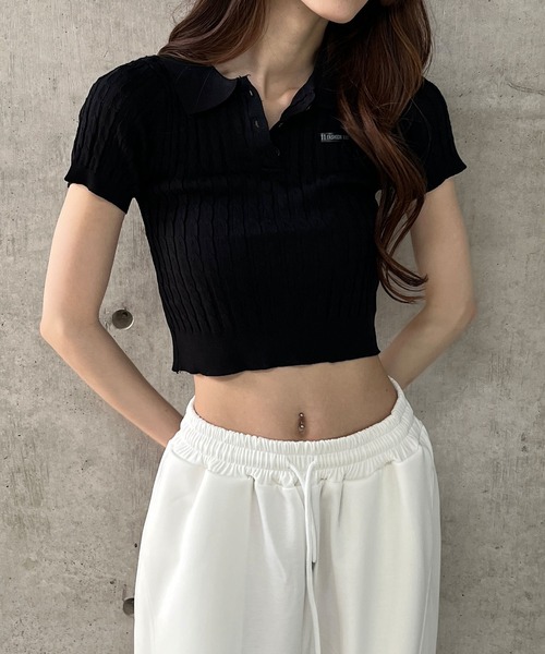 GLAMOROUS JANE tシャツ ケーブルニットポロ衿クロップド丈半袖