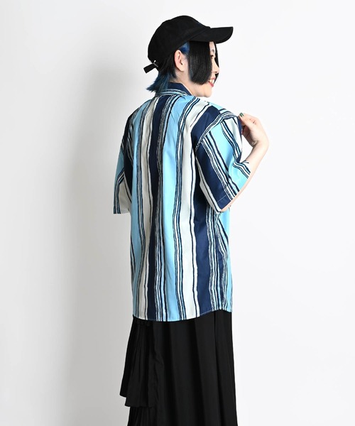 マガリ　ストライプ 半袖ブラウス marai（マーライ） ブラウス シャツ 半袖 ランダムストライプ柄 半袖