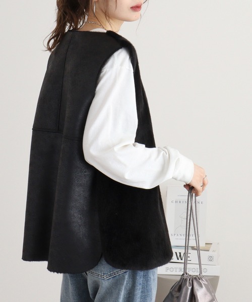 8787 agnes b. ムートンアイボリー ブラック ベスト 38 agnes b