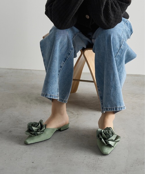 サンダル・ミュール FLOR SANDALS Lace Ladies サンダル ベロア調 フラワー 刺繍 ポインテッドトゥ
