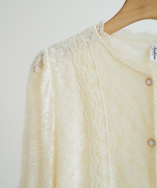 【美品】インゲボルグ★軽やかシアー感！お花のレース&amp;ピコレース♪ たっぷりフリルのブラウス サイズ9 生成り色系 ＊z9474s ブラウス シャツ 大人のレースシアーフリルブラウス。主役級の花柄
