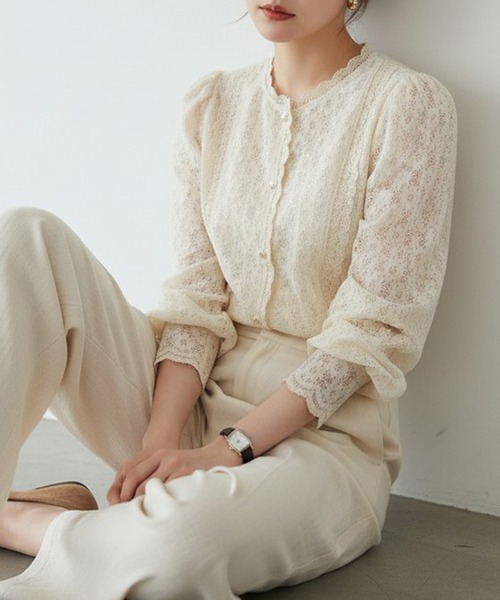 【美品】インゲボルグ★軽やかシアー感！お花のレース&ピコレース♪ たっぷりフリルのブラウス サイズ9 生成り色系 ＊z9474s ブラウス シャツ 大人のレースシアーフリルブラウス。主役級の花柄