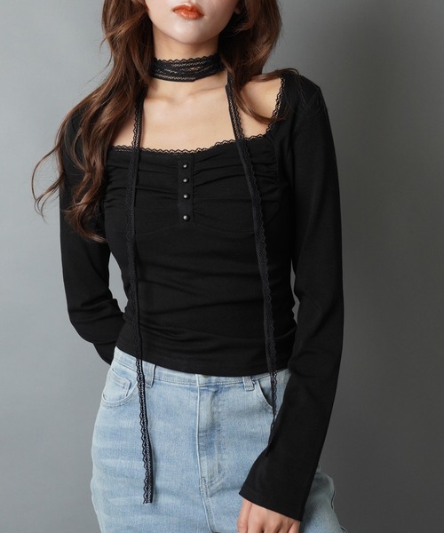 SPINNS tシャツ 「セットアイテム」レースタイ付き長袖カットソー