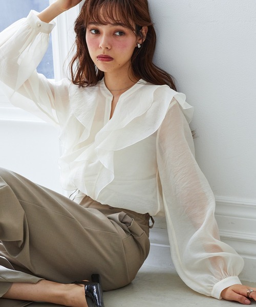 RANAN（ラナン） ブラウス シャツ ラッフルフリルシアーキーネック