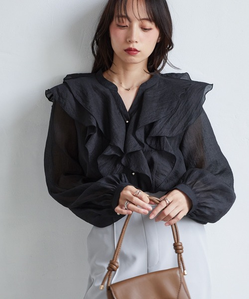 RANAN（ラナン） ブラウス シャツ ラッフルフリルシアーキーネック