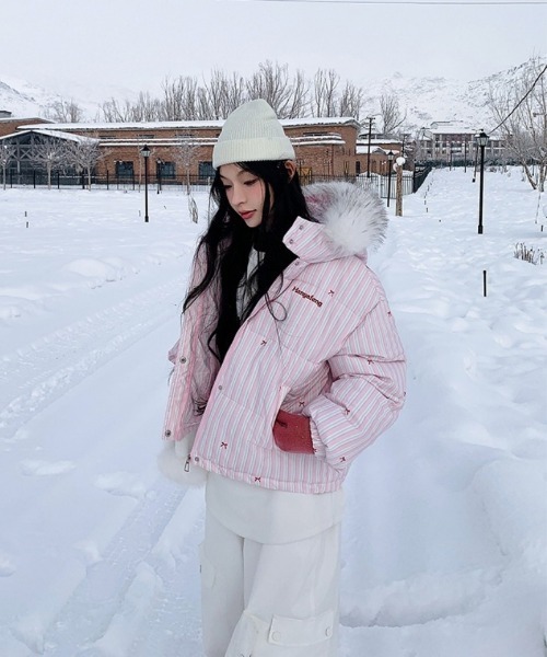 ダウンコート ダウンジャケット Y2K リボン＆ストライプ柄ビックフェイ