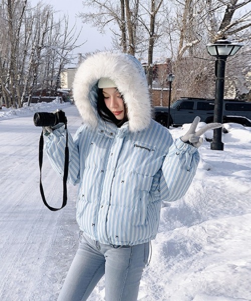 ダウンコート ダウンジャケット Y2K リボン＆ストライプ柄ビックフェイ