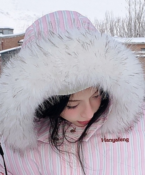 ダウンコート ダウンジャケット Y2K リボン＆ストライプ柄ビックフェイ