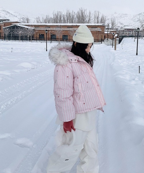 ダウンコート ダウンジャケット Y2K リボン＆ストライプ柄ビックフェイ