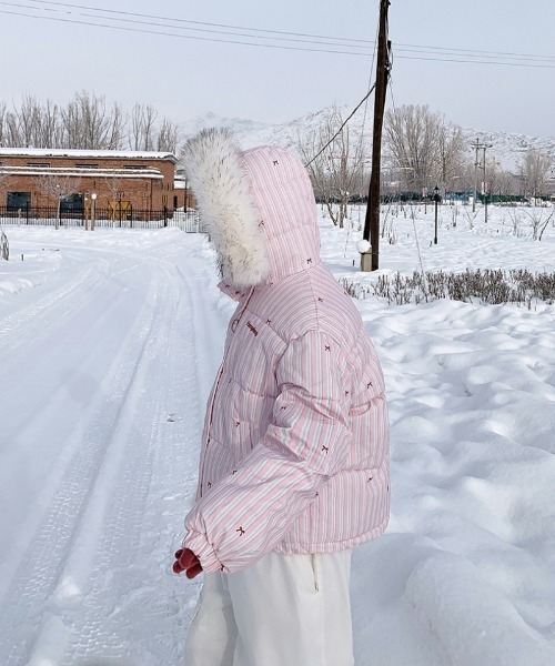 ダウンコート ダウンジャケット Y2K リボン＆ストライプ柄ビックフェイ