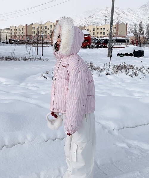 ダウンコート ダウンジャケット Y2K リボン＆ストライプ柄ビックフェイ