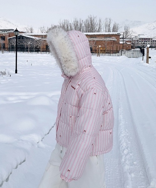 ダウンコート ダウンジャケット Y2K リボン＆ストライプ柄ビックフェイ