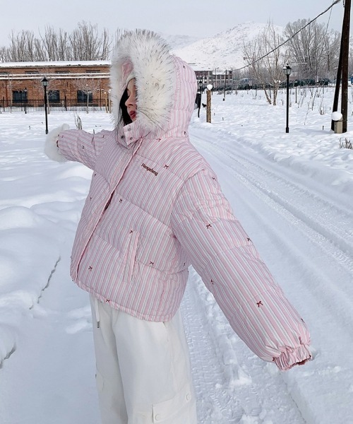 ダウンコート ダウンジャケット Y2K リボン＆ストライプ柄ビックフェイ