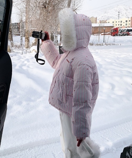 ダウンコート ダウンジャケット Y2K リボン＆ストライプ柄ビックフェイ