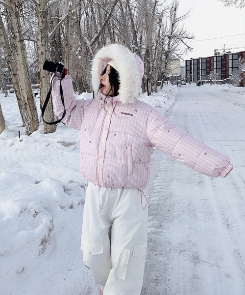 ダウンコート ダウンジャケット Y2K リボン＆ストライプ柄ビックフェイ