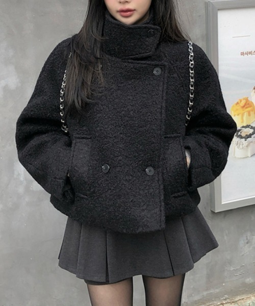 Aelina ピーコート　グレー Aelina ピーコート pコート シンプルダブルブレストショートコート