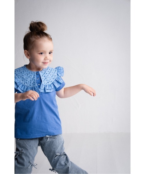 パンツ 接触冷感デニムリボンロングパンツ キッズ 子供服 女の子の画像
