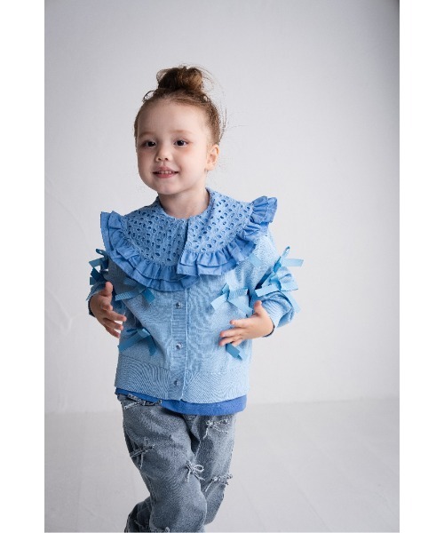 パンツ 接触冷感デニムリボンロングパンツ キッズ 子供服 女の子の画像