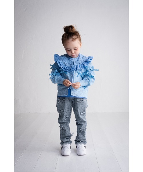 パンツ 接触冷感デニムリボンロングパンツ キッズ 子供服 女の子の画像