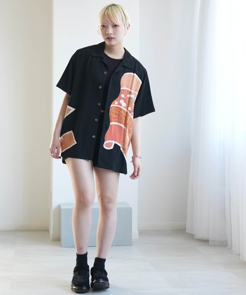 ブラウス シャツ 着物リメイク maison utatane シャツ/ブラウス 黒の金朱波 レディース メンズの画像