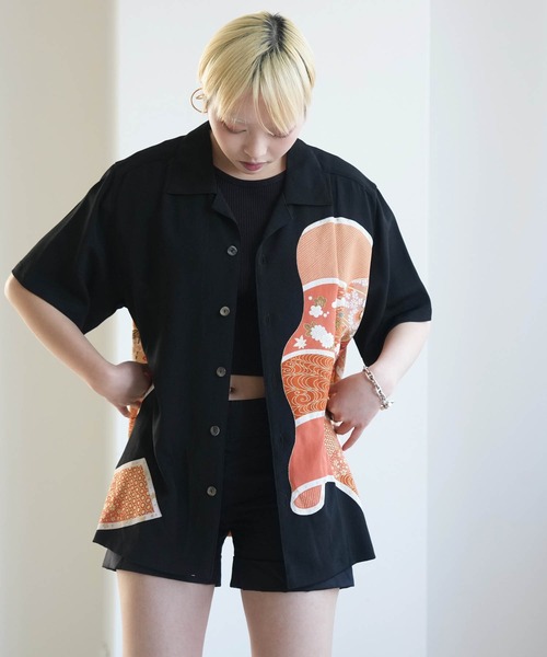 ブラウス シャツ 着物リメイク maison utatane シャツ/ブラウス 黒の金朱波 レディース メンズの画像