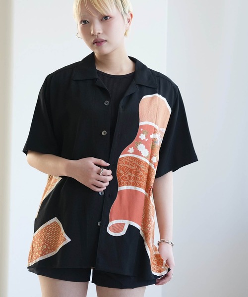ブラウス シャツ 着物リメイク maison utatane シャツ/ブラウス 黒の金朱波 レディース メンズの画像