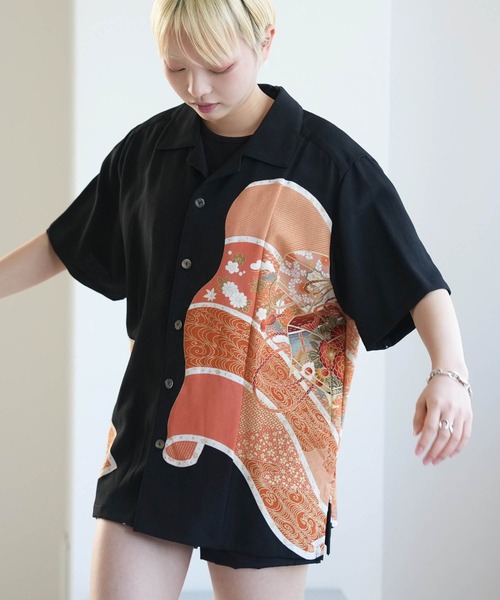 ブラウス シャツ 着物リメイク maison utatane シャツ/ブラウス 黒の金朱波 レディース メンズの画像