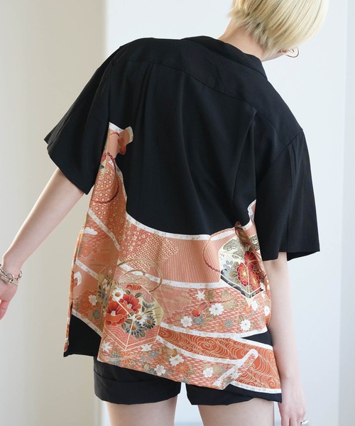 ブラウス シャツ 着物リメイク maison utatane シャツ/ブラウス 黒の金朱波 レディース メンズの画像