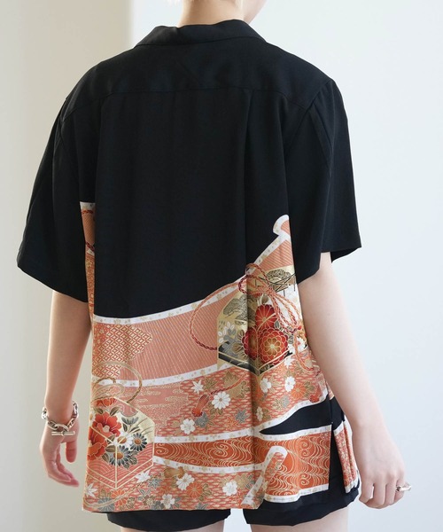 ブラウス シャツ 着物リメイク maison utatane シャツ/ブラウス 黒の金朱波 レディース メンズの画像