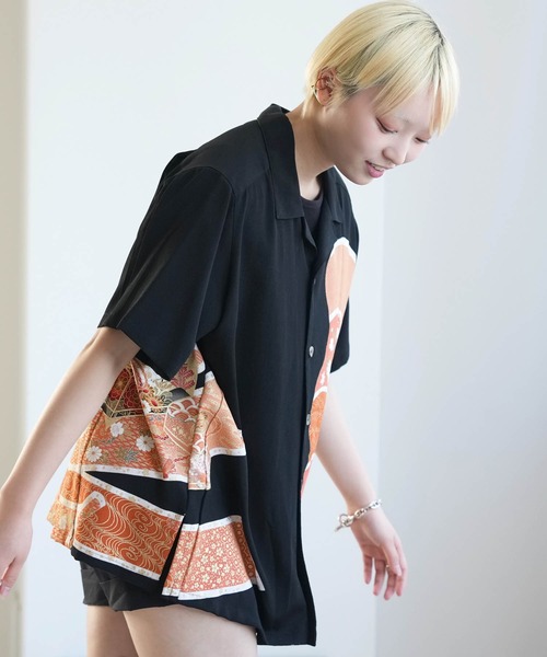 ブラウス シャツ 着物リメイク maison utatane シャツ/ブラウス 黒の金朱波 レディース メンズの画像