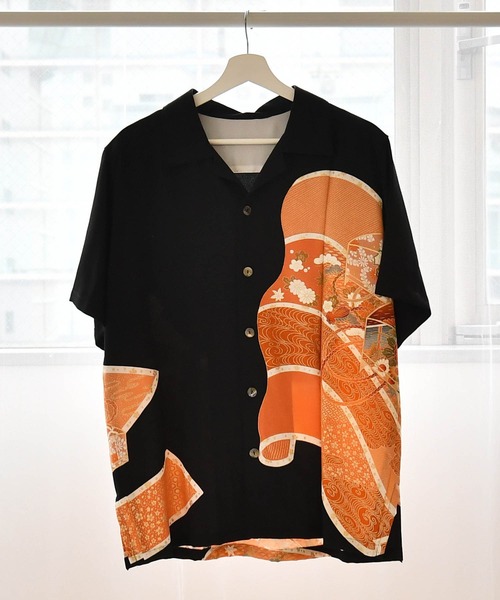 ブラウス シャツ 着物リメイク maison utatane シャツ/ブラウス 黒の金朱波 レディース メンズの画像