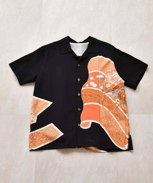 ブラウス シャツ 着物リメイク maison utatane シャツ/ブラウス 黒の金朱波 レディース メンズの画像