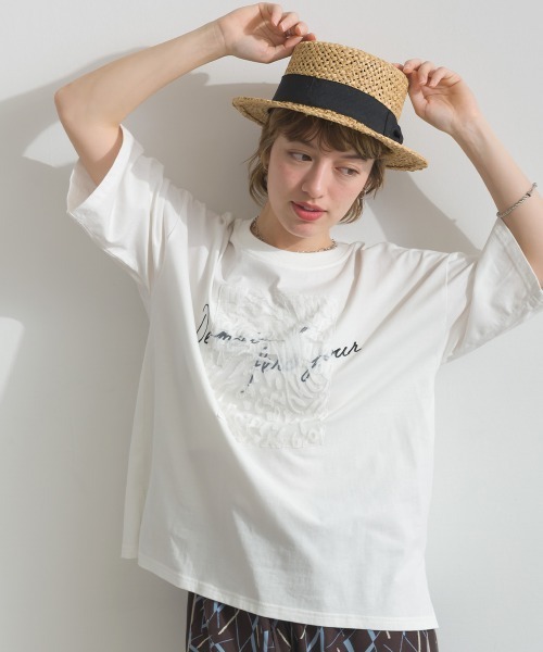 le colis（ルコリ） tシャツ 天竺 ジャガード パッチロゴ 刺繍 Tシャツ
