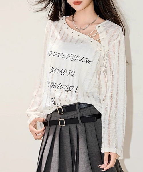 Alvia tシャツ 韓国風 デザインネックUVトップス｜抜け感シアー長袖