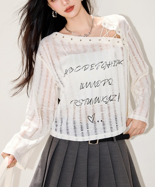 Alvia tシャツ 韓国風 デザインネックUVトップス｜抜け感シアー長袖