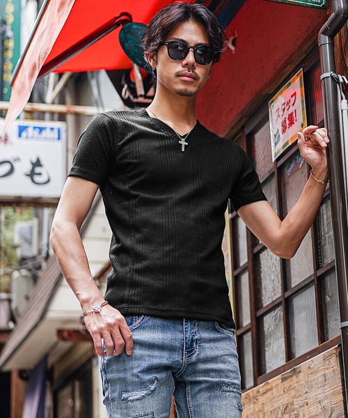 tシャツ JOKER ランダムテレコVネック半袖Tシャツ メンズ タイトシルエット 無地 カットソー ホワイト 春服 メンズ