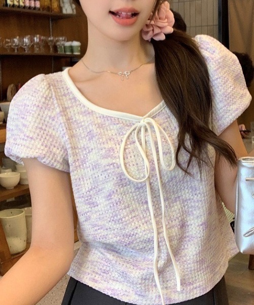 tシャツ リボンカラージップトップ レディース Sibra tシャツ フロントリボンニットトップス レディース