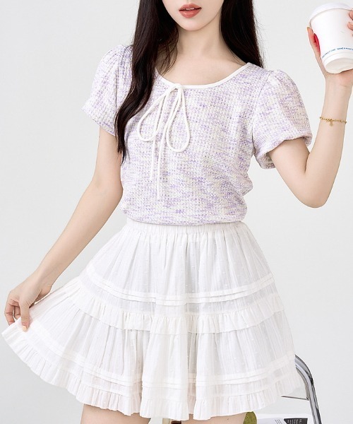 tシャツ 「ELOOPS」リボンデザイン ノースリーブニットトップス レディース Sibra tシャツ フロントリボンニットトップス レディース