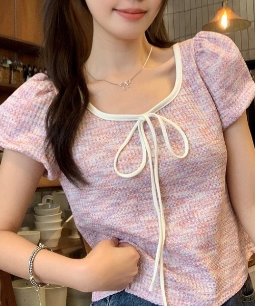 tシャツ フロントリボンリブトップス レディース Sibra tシャツ フロントリボンニットトップス レディース
