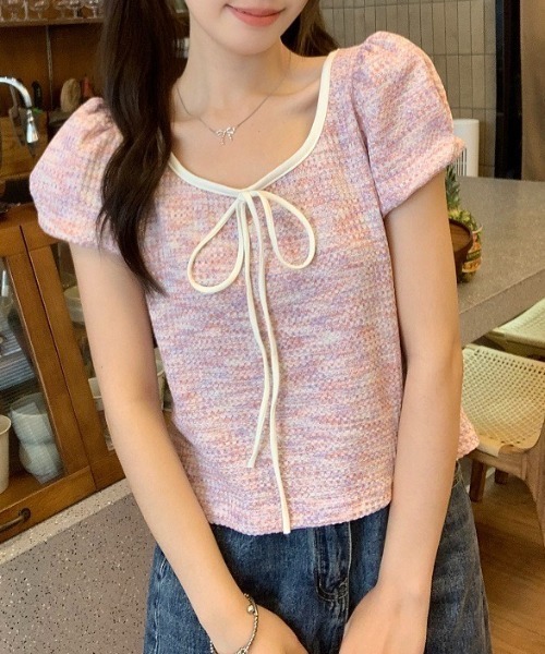 tシャツ ニットリブスリーブトップス レディース Sibra tシャツ フロントリボンニットトップス レディース