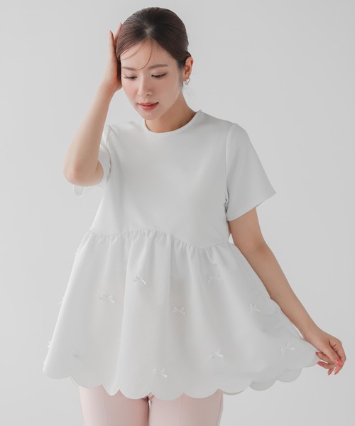 Fit more tシャツ 裾スカラップリボンカットソー レディース
