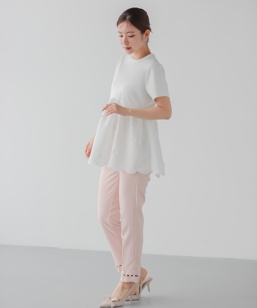 フィットモア　裾スカラップリボンカットソー Fit more tシャツ 裾スカラップリボンカットソー レディース