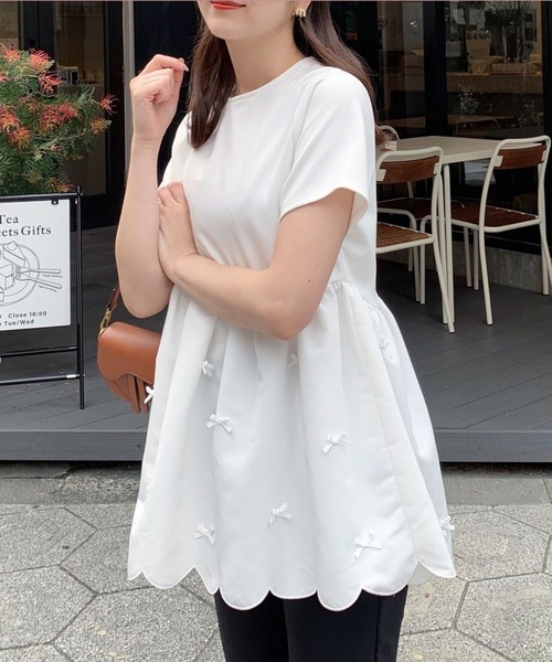 フィットモア　裾スカラップリボンカットソー Fit more tシャツ 裾スカラップリボンカットソー レディース