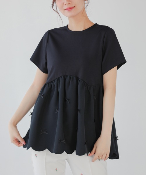フィットモア　裾スカラップリボンカットソー Fit more tシャツ 裾スカラップリボンカットソー レディース