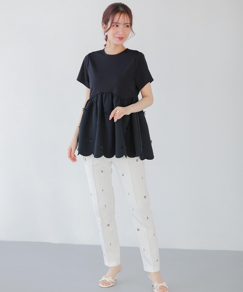 tシャツ 裾スカラップリボンカットソー レディース Fit more tシャツ 裾スカラップリボンカットソー レディース