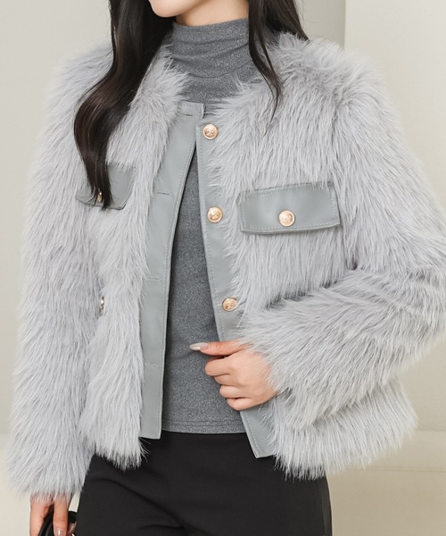 ホワイト ノーカラージャケット ファー風 REMUR ジャケット ノーカラージャケット ノーカラーエコファー