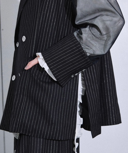 セール】Lame stripe tulle layered tailored jacket / ラメ