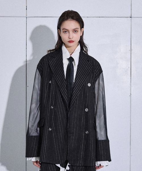 コート ジャケット Lame stripe tulle layered tailored jacket / ラメ