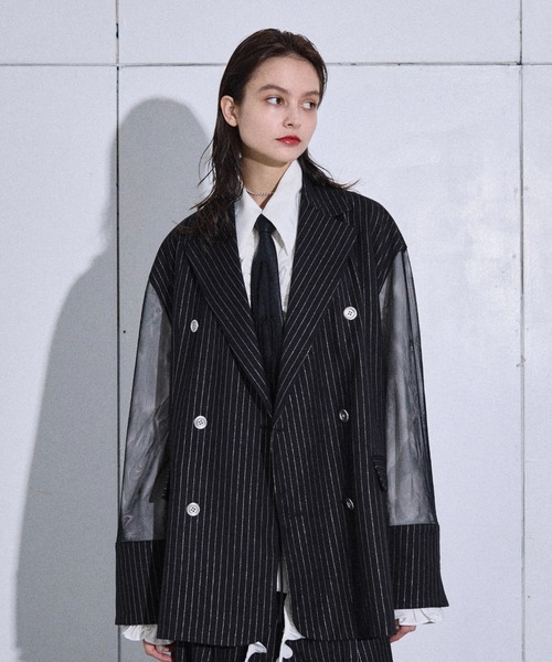 コート ジャケット Lame stripe tulle layered tailored jacket / ラメ